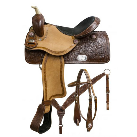 15", 16" DOUBLE T BARREL SADDLE SET WITH OAK LEAF TOOLING AND PINK CRYSTAL RHINESTONE CONCHO - Double T Saddles