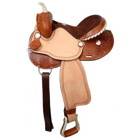 15", 16" DOUBLE T BARREL SADDLE WITH SILVER LACED RAWHIDE CANTLE, ROUGHOUT FENDERS AND JOCKIE - Double T Saddles