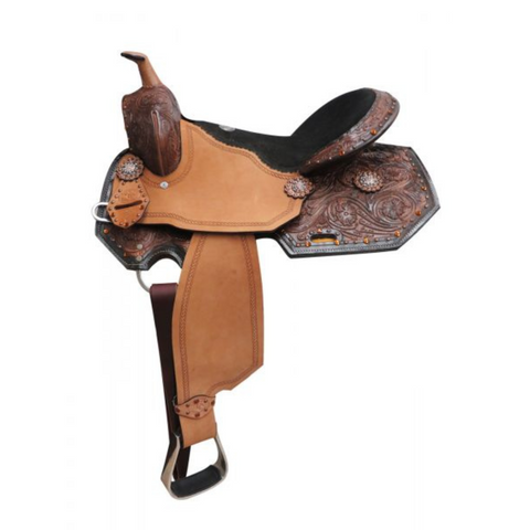 16" DOUBLE T  BARREL STYLE SADDLE WITH AMBER COLORED RHINESTONES AND FLORAL TOOLING - Double T Saddles