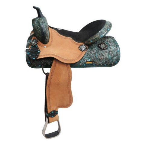 16" DOUBLE T  BARREL STYLE SADDLE WITH SPUR ROWEL CONCHOS - Double T Saddles