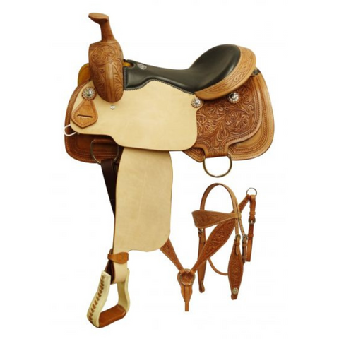 16" DOUBLE T  ROPER STYLE SADDLE SET WITH FLORAL TOOLING - Double T Saddles