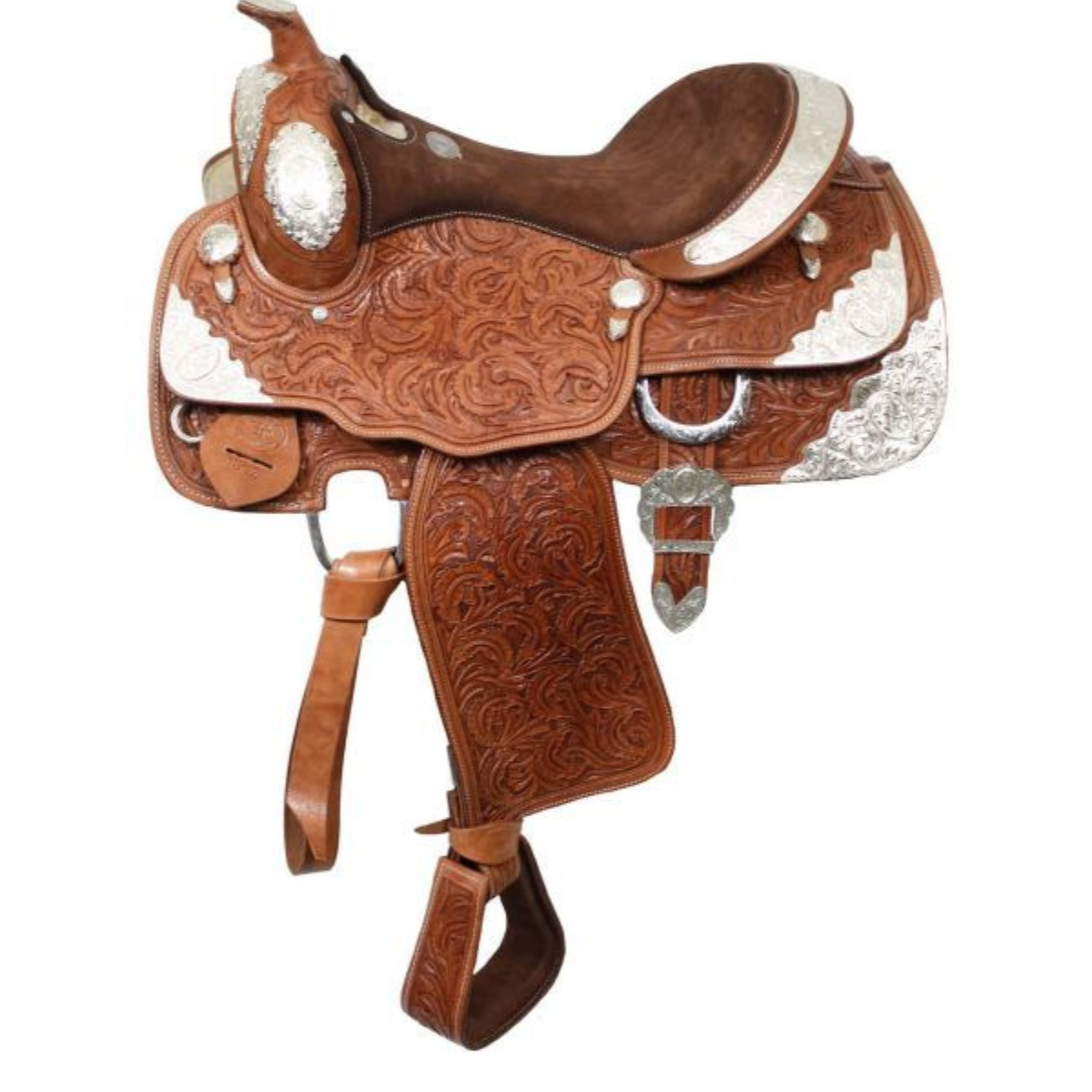16" DOUBLE T SHOW SADDLE FULLY TOOLED, SUEDE LEATHER SEAT - Double T Saddles
