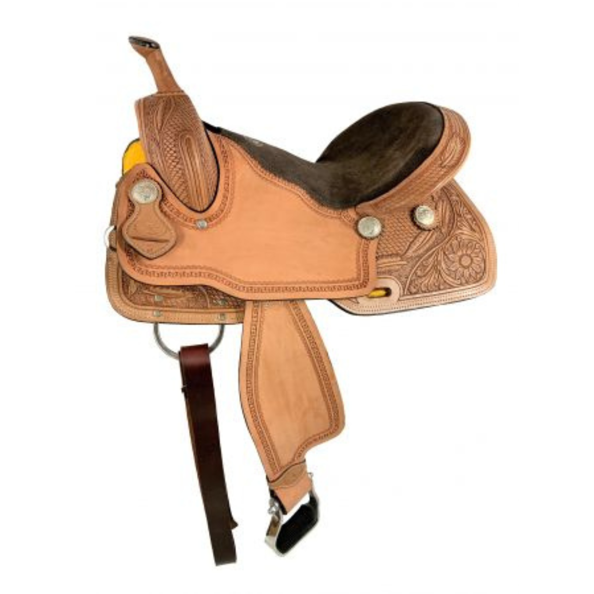 16" Double T combo basketweave/floral tooling Barrel Saddle Set with Brown Suede Seat - Double T Saddles