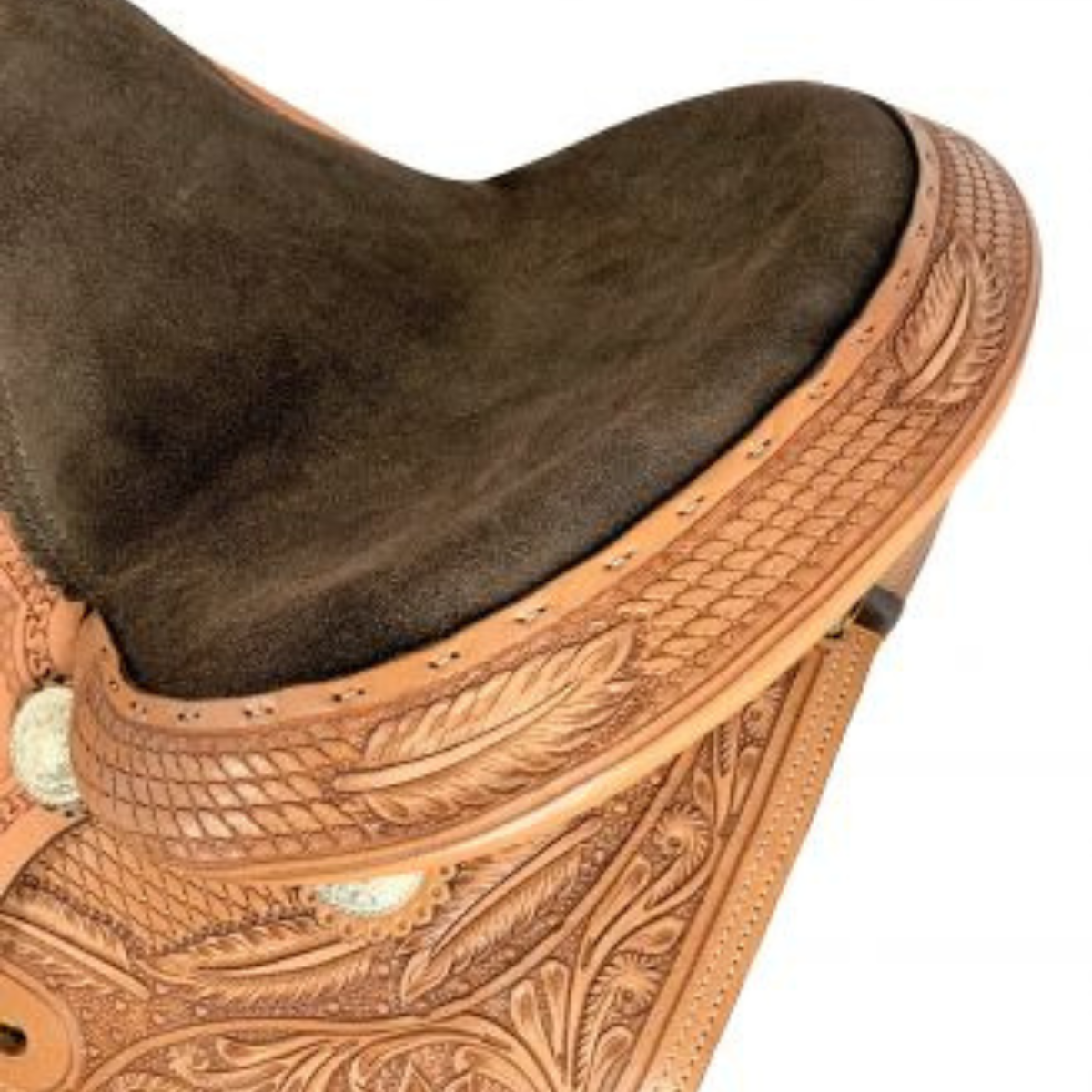 16" Double T combo basketweave/floral tooling Barrel Saddle Set with Brown Suede Seat - Double T Saddles
