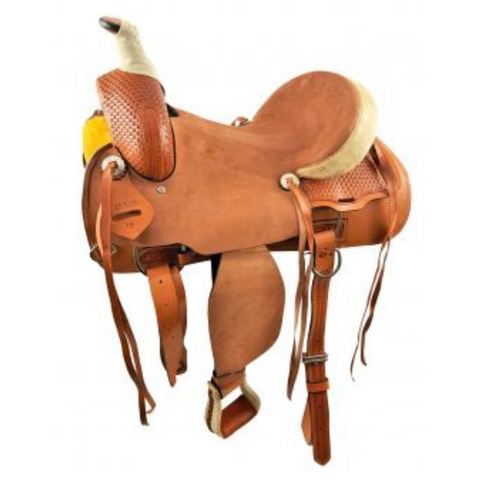 16" MEDIUM OIL HARD SEAT ROPER STYLE SADDLE WITH ROUGH OUT FENDERS & JOCKEYS WITH BASKET STAMP TOOLING - Double T Saddles