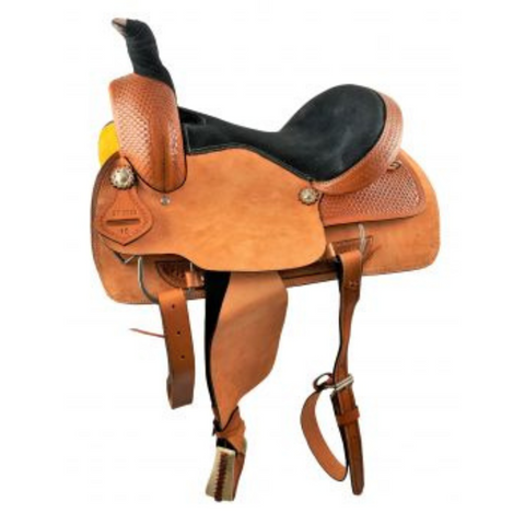16" MEDIUM OIL ROPER STYLE SADDLE WITH ROUGH OUT FENDERS & JOCKEYS WITH BASKET STAMP TOOLING - Double T Saddles