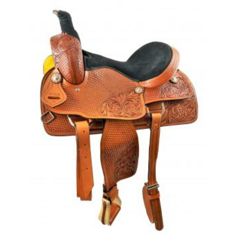 16" MEDIUM OIL ROPING STYLE SADDLE WITH ROUGH OUT FENDERS & JOCKEYS WITH FLORAL/BASKET WEAVE COMBO TOOLING - Double T Saddles