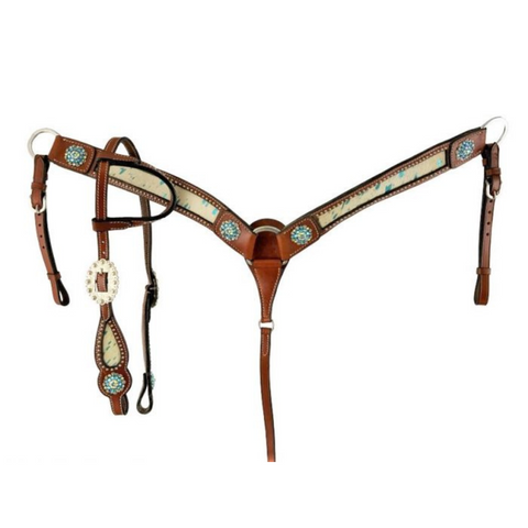 Teal Acid Wash Cowhide Inlay One Ear headstall