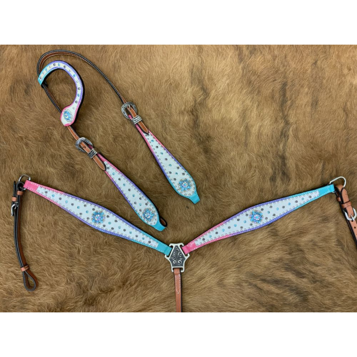 Showman ® Cowhide inlay One Ear headstall and breast collar set with Ombre Colored rainbow leather with beads and bling conchos and silver hardware. - Double T Saddles