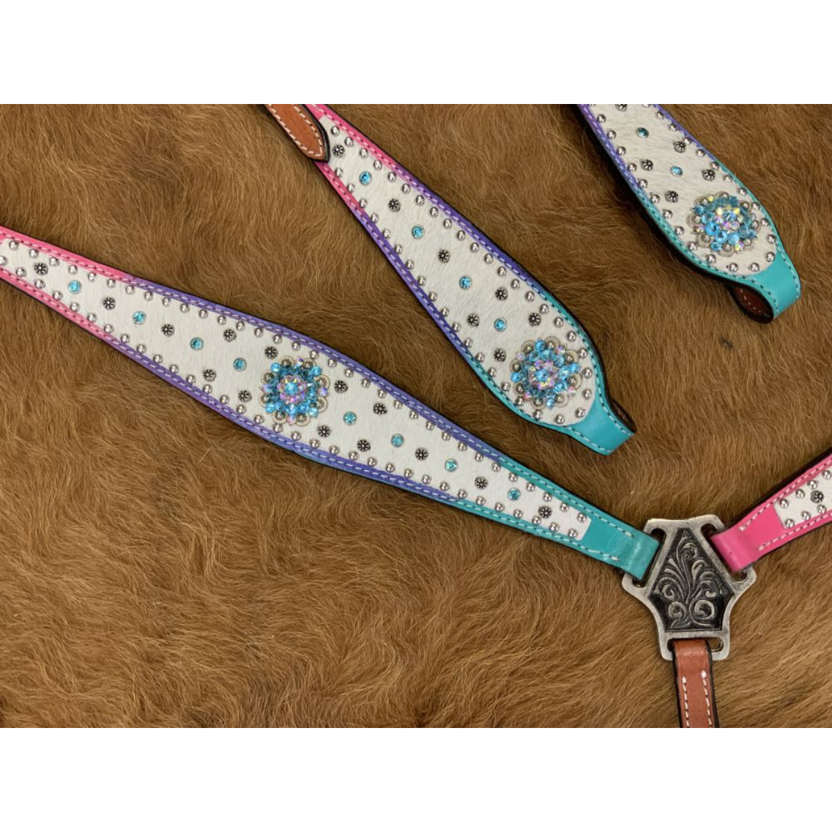 Showman ® Cowhide inlay One Ear headstall and breast collar set with Ombre Colored rainbow leather with beads and bling conchos and silver hardware. - Double T Saddles