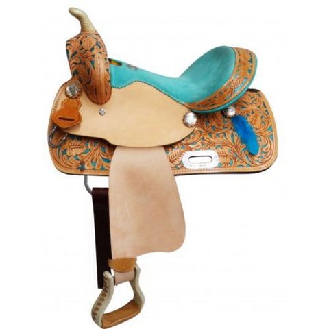 13" DOUBLE T  YOUTH SADDLE WITH PAINTED FEATHER ACCENTS - Double T Saddles