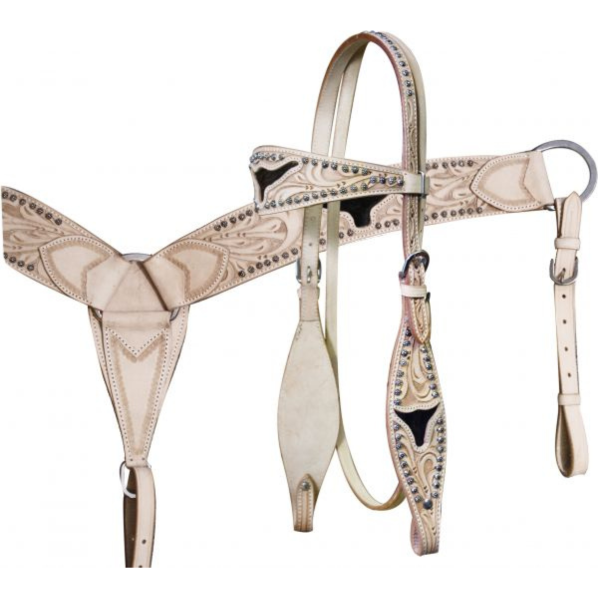 Showman ® Leather double stitched tooled browband headstall, reins and tooled breastcollar set with  hair on cowhide inlay - Double T Saddles