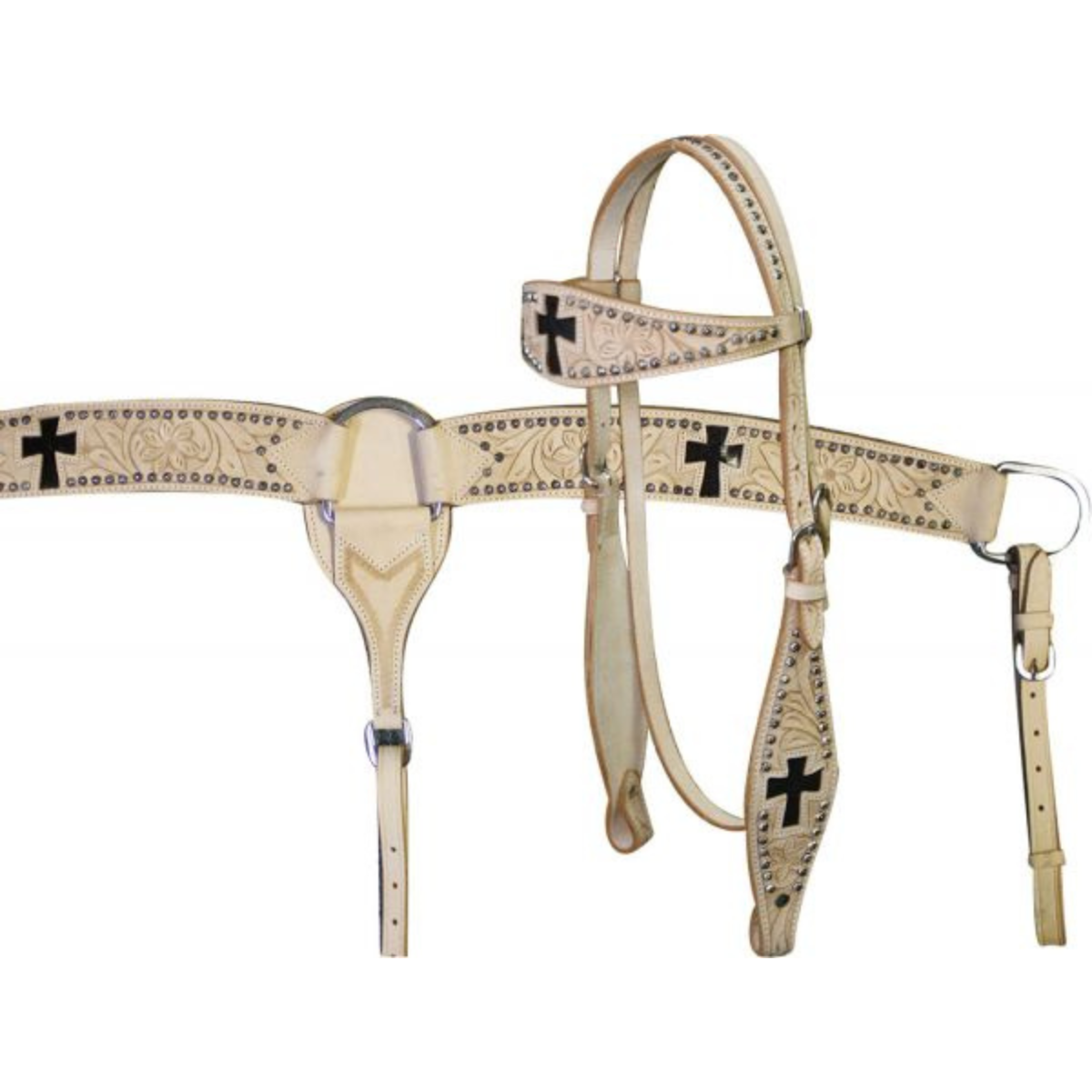 Showman® Leather double stitched tooled browband headstall, reins and tooled breastcollar set with  hair on cowhide inlay. - Double T Saddles