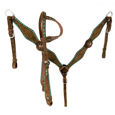 Showman ® One Ear Chocolate Rough Out Headstall and Breast Collar Set with Teal lacing. - Double T Saddles