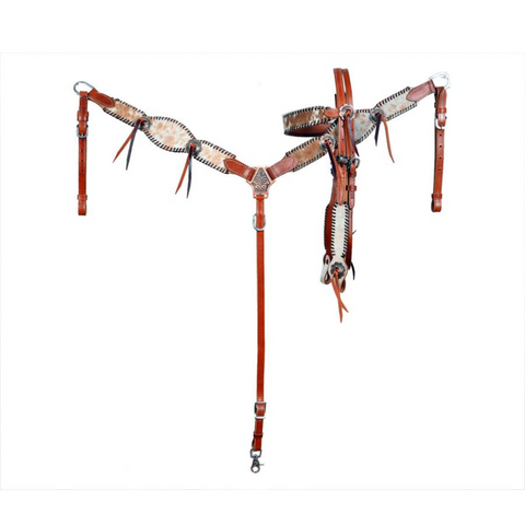 Medium Oil Cowhide inlay browband headstall and breast collar set 