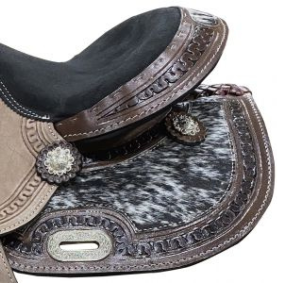 DOUBLE T 13" Youth barrel saddle with hair on cowhide inlay. - Double T Saddles