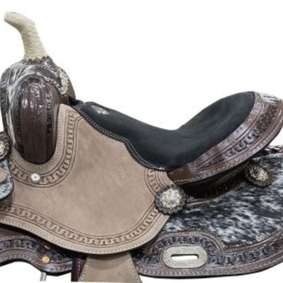 DOUBLE T 13" Youth barrel saddle with hair on cowhide inlay. - Double T Saddles