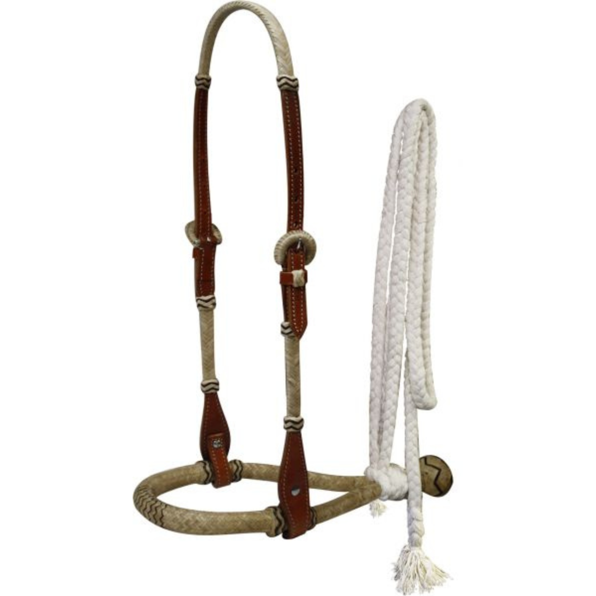 Showman ® leather rawhide braided show bosal with mecate cotton reins. - Double T Saddles