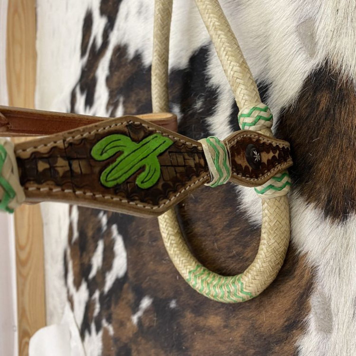 Showman® Leather bosal headstall with cactus painted design on medium leather and white cotton mecate reins. - Double T Saddles