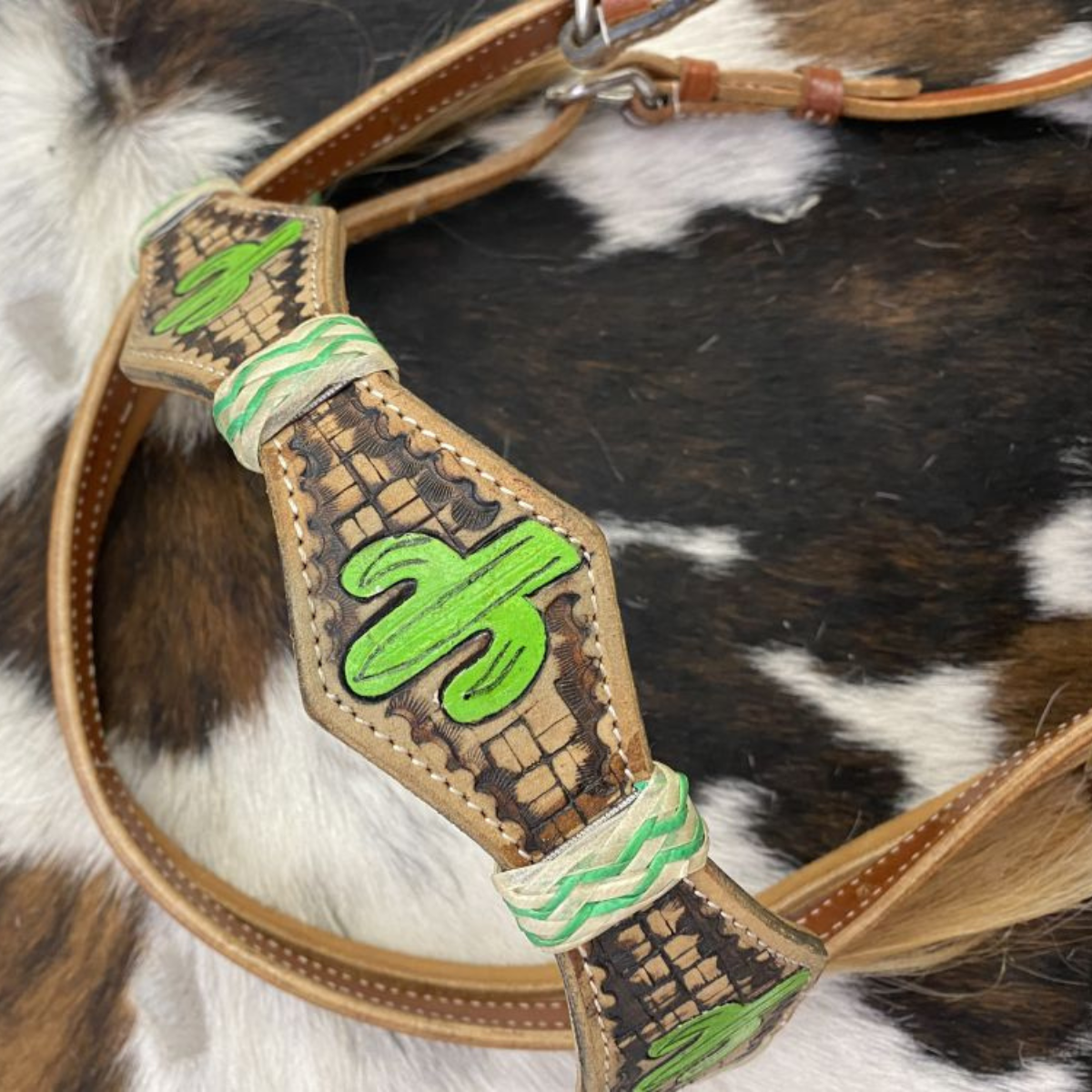 Showman® Leather bosal headstall with cactus painted design on medium leather and white cotton mecate reins. - Double T Saddles
