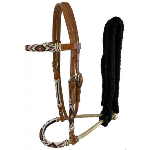  LEATHER BOSAL HEADSTALL WITH SOUTHWEST DESIGN BEADED OVERLAYS