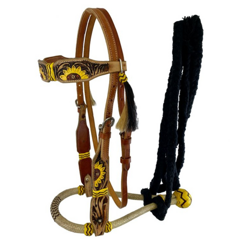 LEATHER BOSAL HEADSTALL WITH SUNFLOWER PAINTED DESIGN