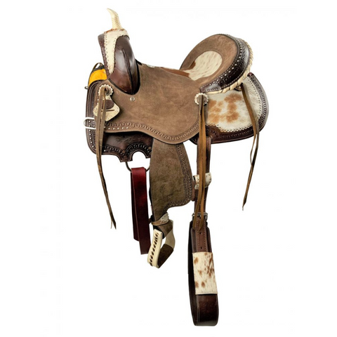 14", 15", 16"  DOUBLE T DARK OIL HARD SEAT BARREL STYLE SADDLE WITH HAIR ON COWHIDE ACCENTS - Double T Saddles
