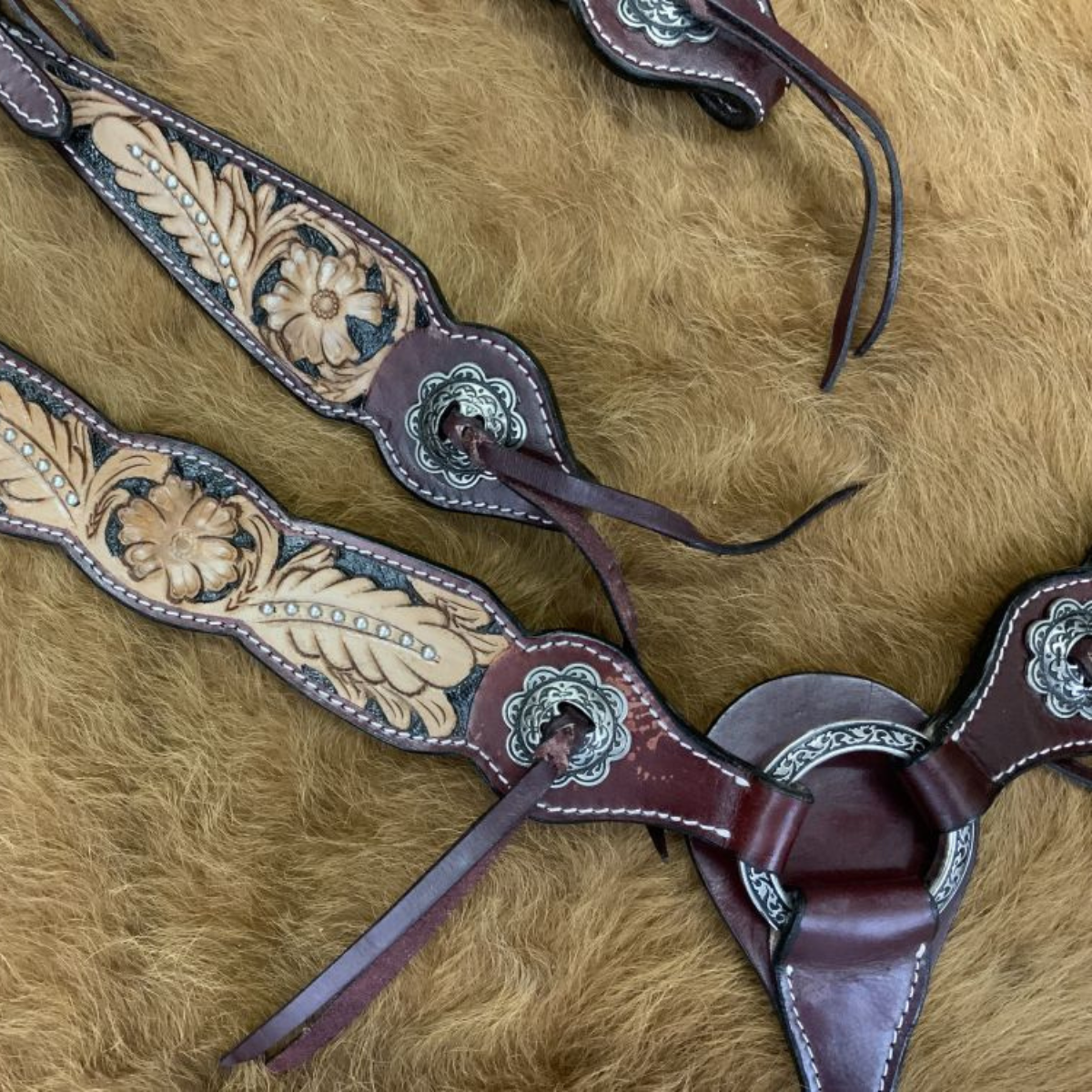 Showman ® Floral tooled design one ear bridle and breast collar set with silver beading and cowboy tie accents. - Double T Saddles