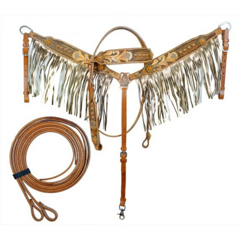 Gold Fringe tooled leather Headstall and Breast collar set