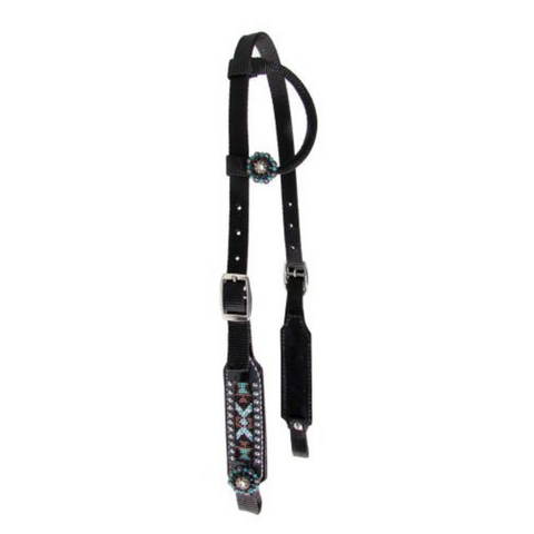 Black nylon single ear headstall with beaded inlay cheeks