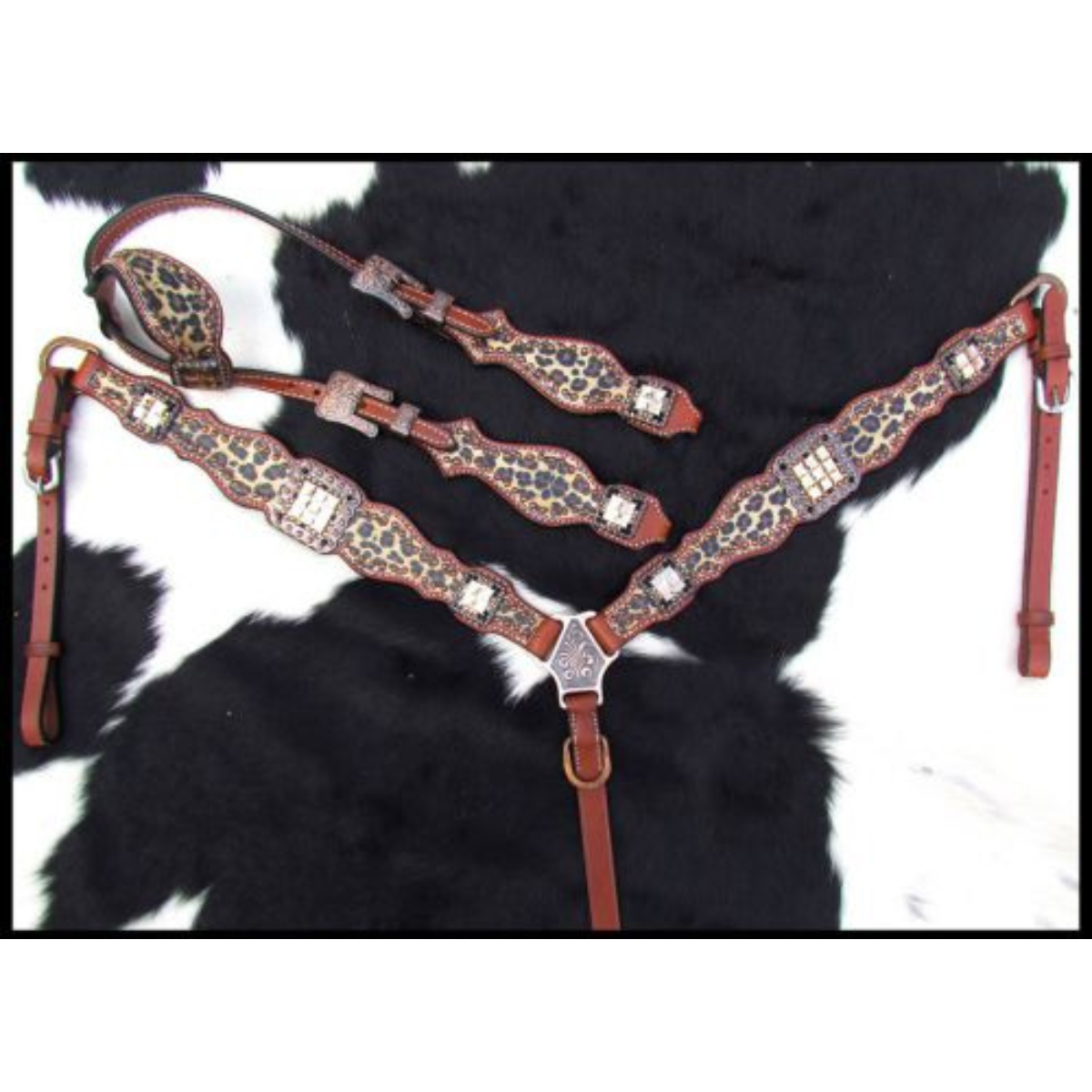 Showman ® Cheetah print one ear headstall and breast collar set. - Double T Saddles