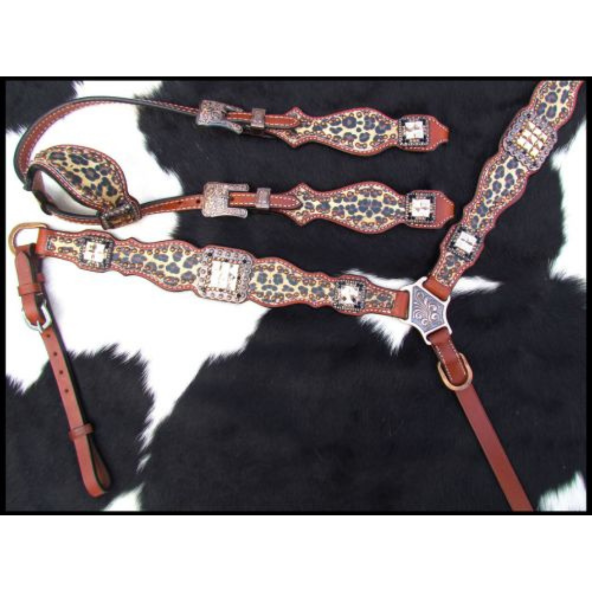 Showman ® Cheetah print one ear headstall and breast collar set. - Double T Saddles
