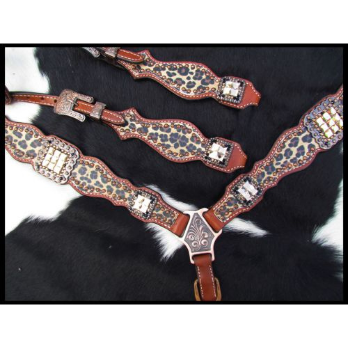 Showman ® Cheetah print one ear headstall and breast collar set. - Double T Saddles