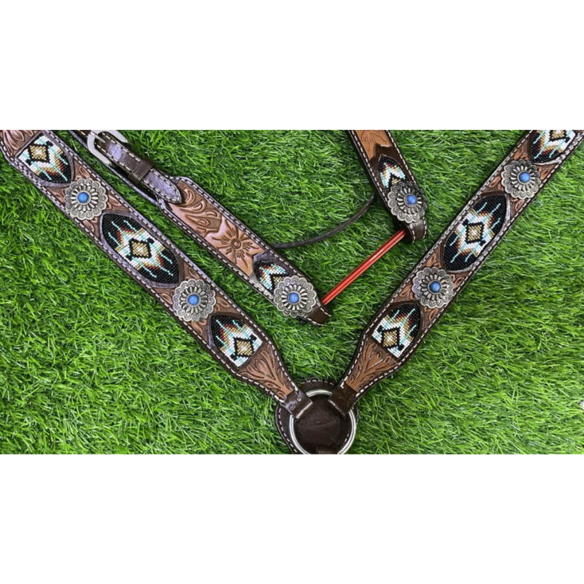 Showman ® Dark Oil Browband Beaded Inlay Headstall and Breast collar Set. - Double T Saddles