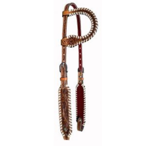 Floral Tooled One Ear Rawhide Laced Leather Headstall