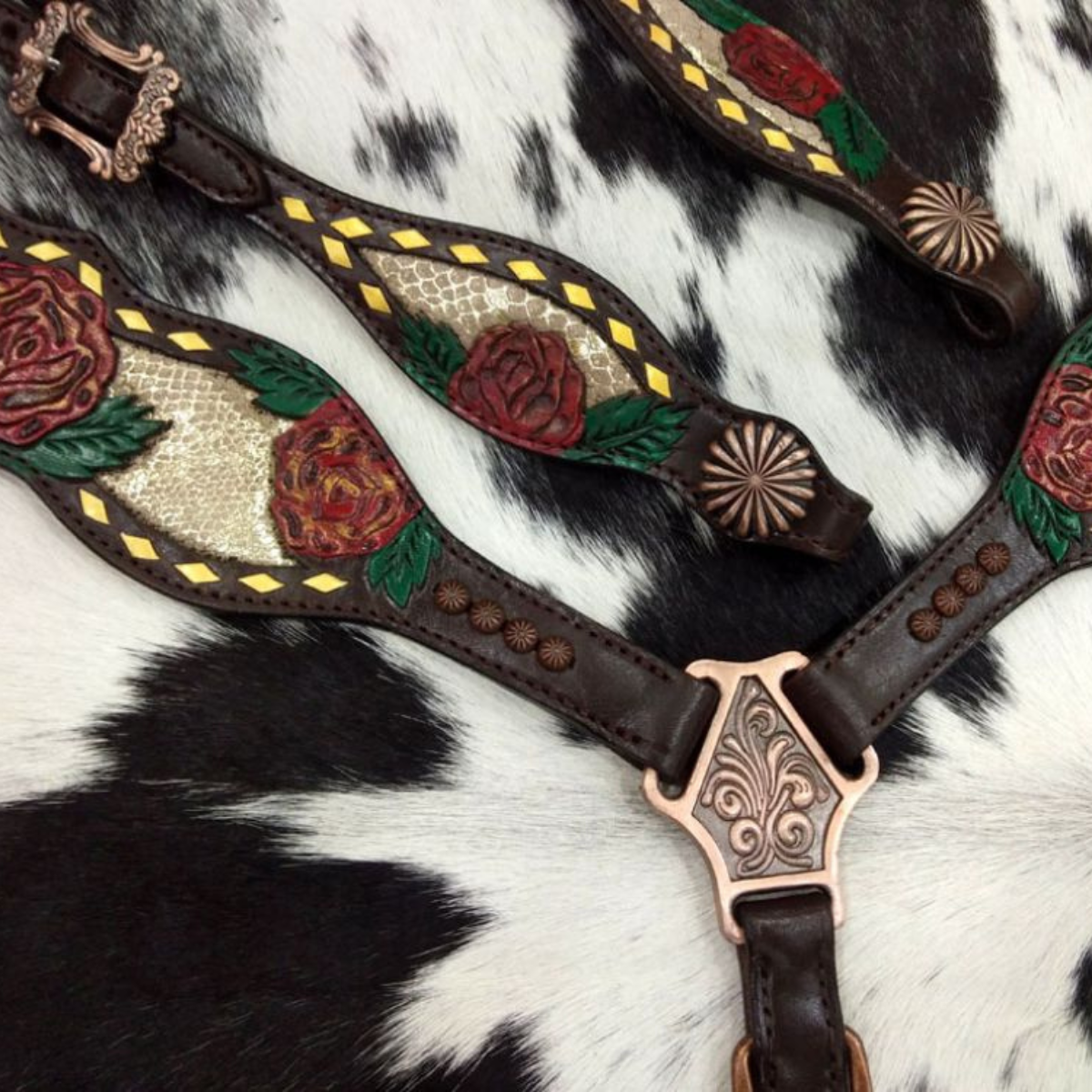 Showman ® Gold snake print inlay with painted rose accent one ear headstall and breast collar set. - Double T Saddles