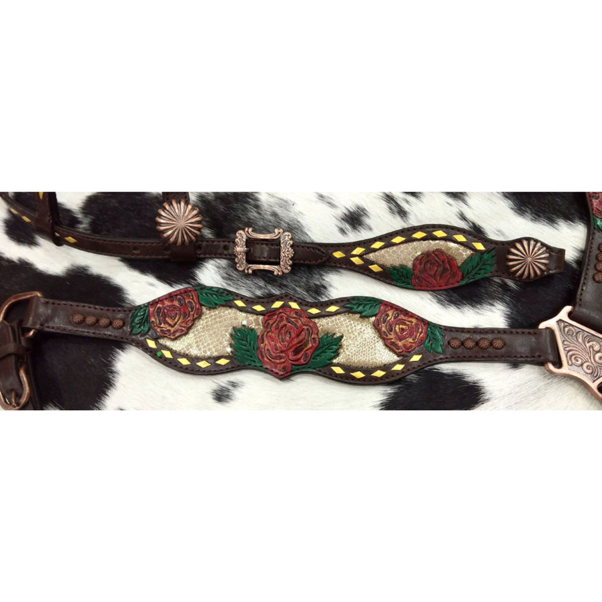 Showman ® Gold snake print inlay with painted rose accent one ear headstall and breast collar set. - Double T Saddles