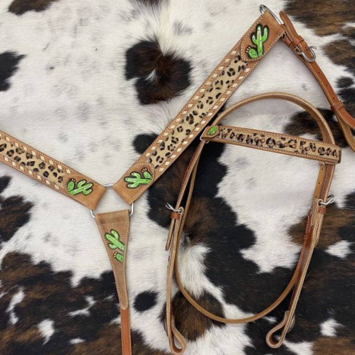 Showman ® Hand Painted Cactus Brow band Headstall and Breast collar Set with cheetah hair accent. - Double T Saddles
