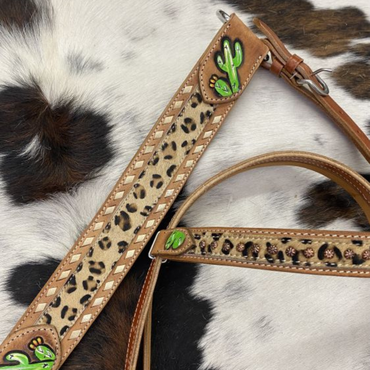 Showman ® Hand Painted Cactus Brow band Headstall and Breast collar Set with cheetah hair accent. - Double T Saddles