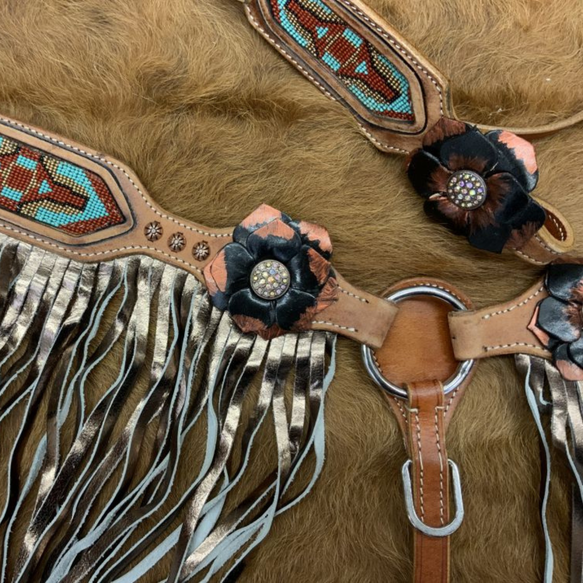 Showman ® Painted 3D Flower & Aztec Beaded Browband Headstall and Breast collar Set with Fringe. - Double T Saddles