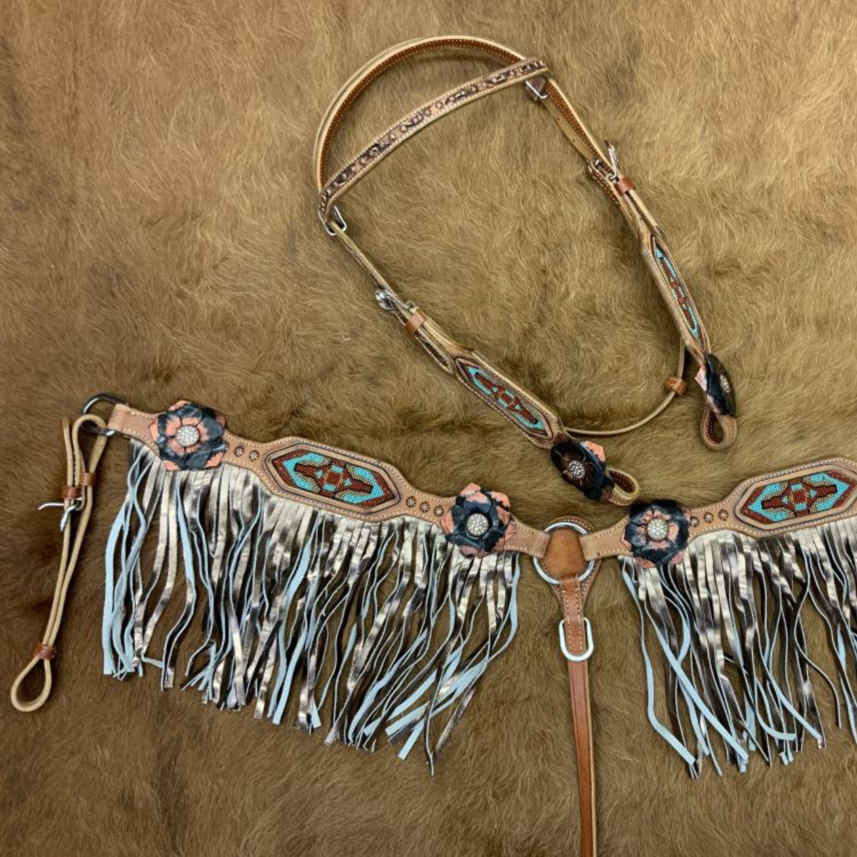 Showman ® Painted 3D Flower & Aztec Beaded Browband Headstall and Breast collar Set with Fringe. - Double T Saddles