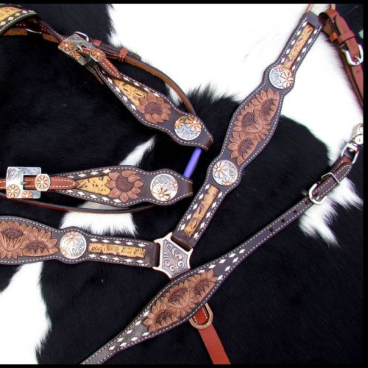 Showman ® Sunflower Tooled Leather Browband headstall and breastcollar set. - Double T Saddles