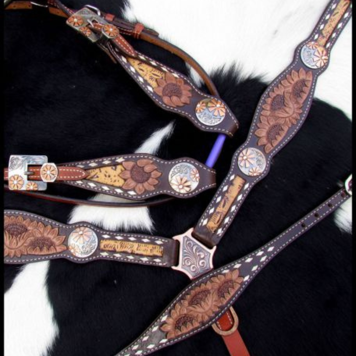 Showman ® Sunflower Tooled Leather Browband headstall and breastcollar set. - Double T Saddles
