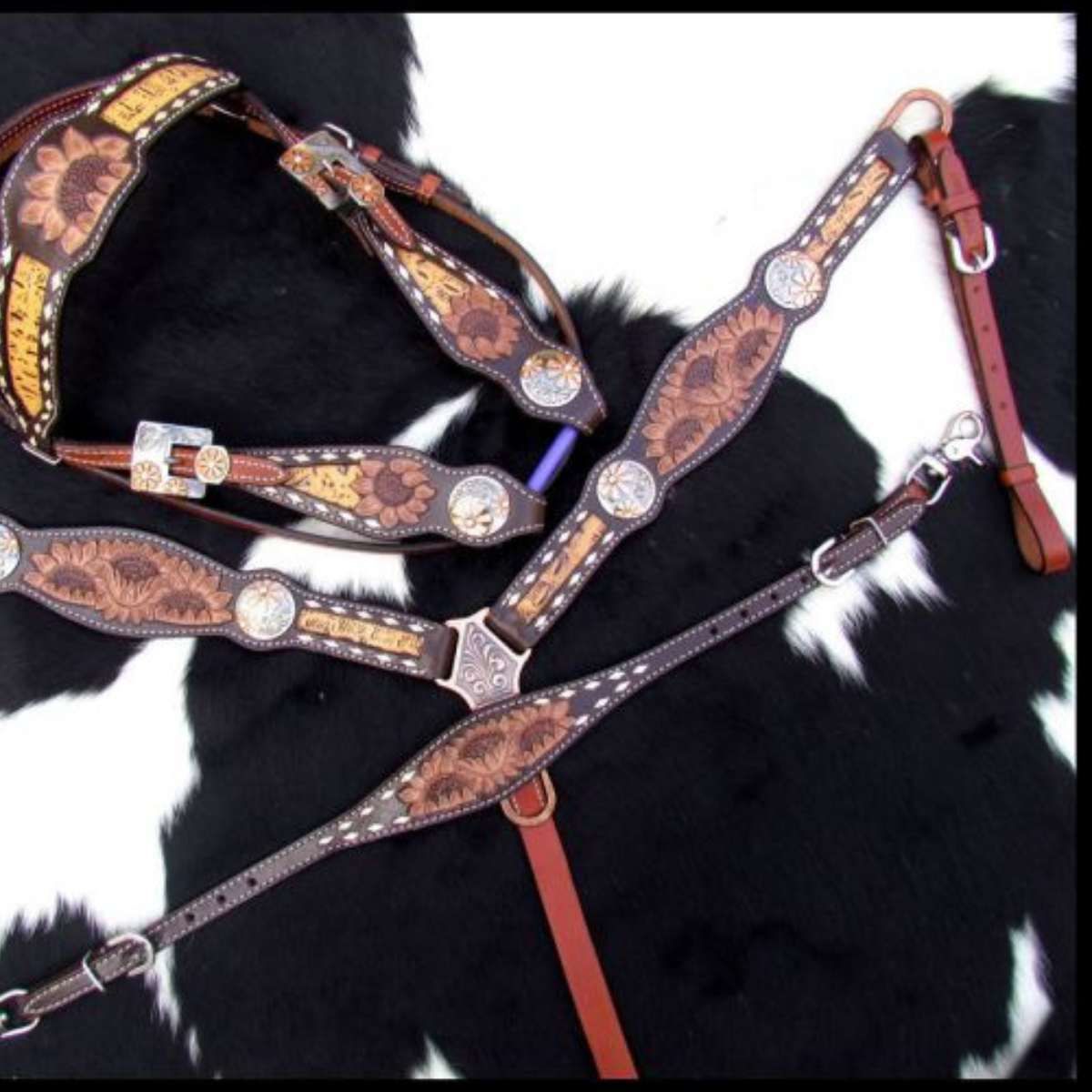 Showman ® Sunflower Tooled Leather Browband headstall and breastcollar set. - Double T Saddles