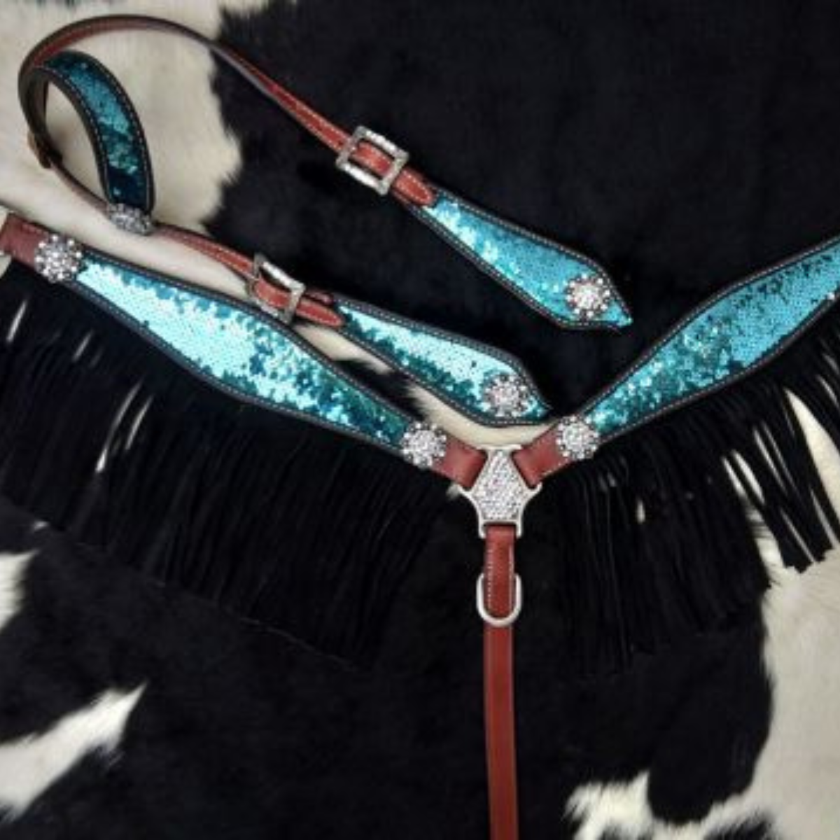 Showman ® Turquoise and Silver Sequins Inlay Single Ear Headstall and Breast Collar Set with black suede leather fringe. - Double T Saddles