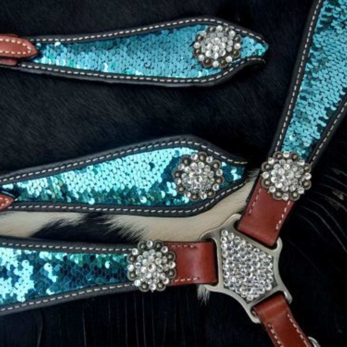 Showman ® Turquoise and Silver Sequins Inlay Single Ear Headstall and Breast Collar Set with black suede leather fringe. - Double T Saddles
