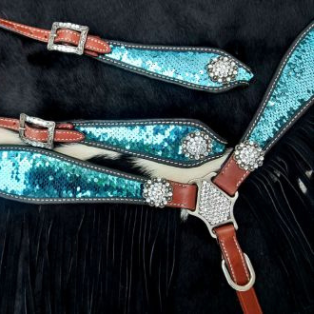 Showman ® Turquoise and Silver Sequins Inlay Single Ear Headstall and Breast Collar Set with black suede leather fringe. - Double T Saddles