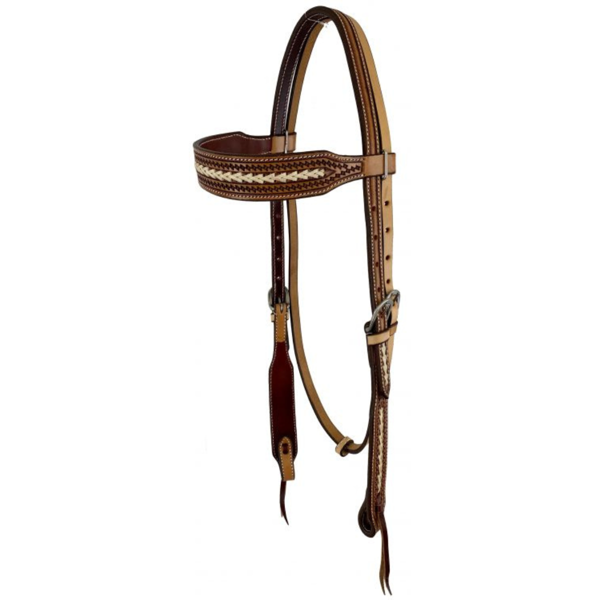 Showman ® Two-Tone Argentina cow leather headstall with Zig Zag Tooling and rawhide accent. - Double T Saddles