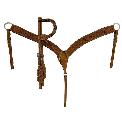 Showman ®  Medium oil one ear leather headstall and breast collar set with floral tooling - Double T Saddles