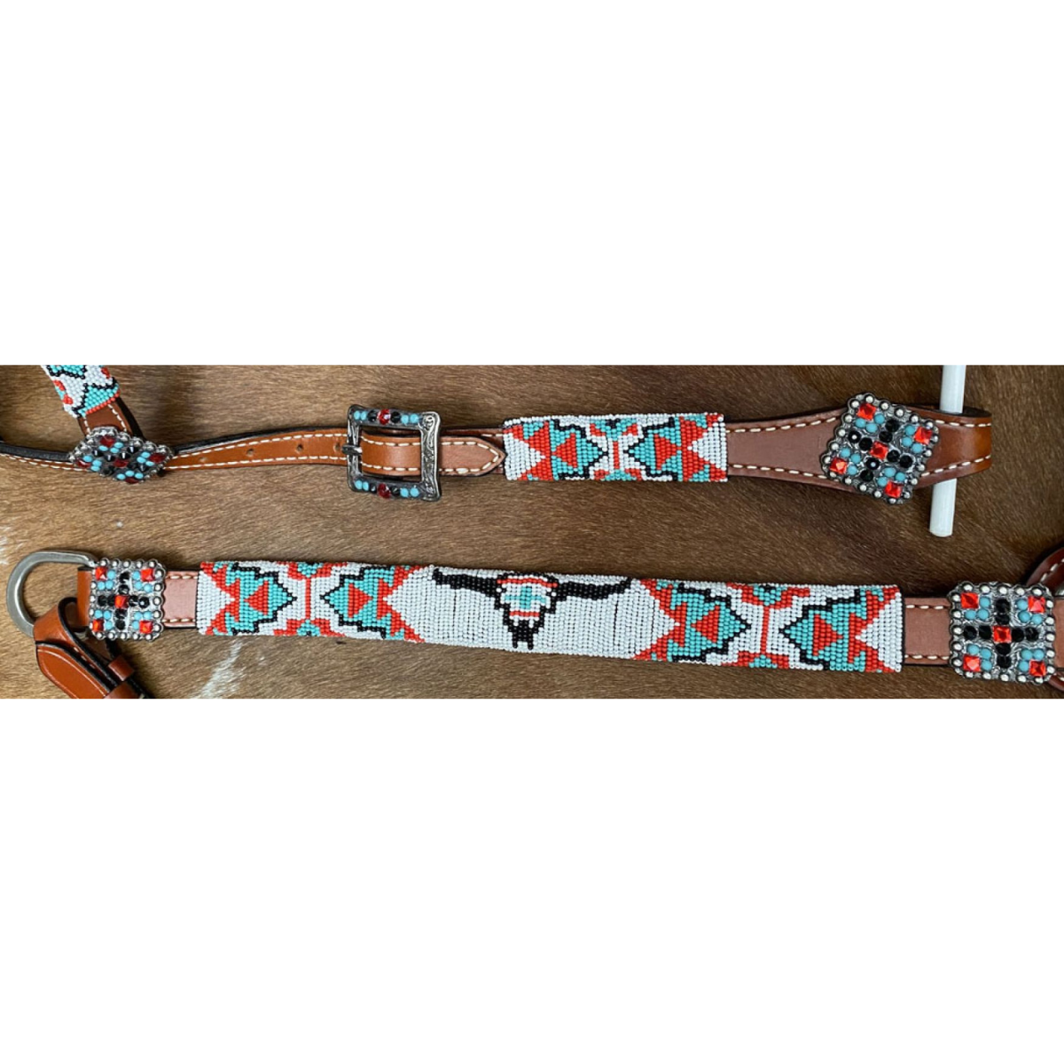 Showman ® 4pc. Longhorn beaded one headstall and breast collar set  with square bling concho accents. - Double T Saddles